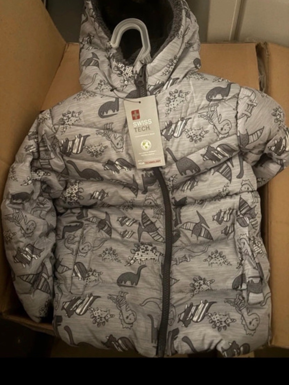 Swiss Tech Kids Gray Dino Print Puffer Jacket with Hood